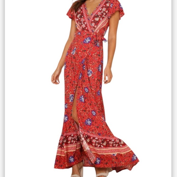 HALCYEEN Elegant Fashion TIE DOWN MAXI DRESS RED SZ MEDiUM NWT BoHo - Picture 2 of 10